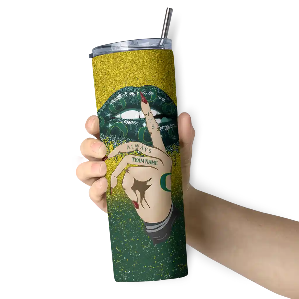 personalized-oregon-ducks-sparkle-lips-green-skinny-tumbler-premium-grade-2-3.webp