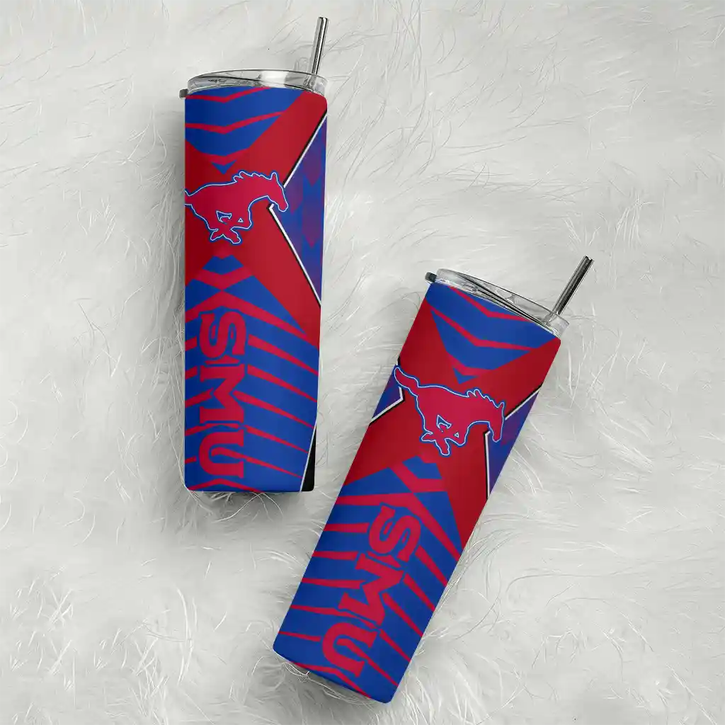 personalized-smu-mustangs-camo-texture-blue-skinny-tumbler-top-rated.webp
