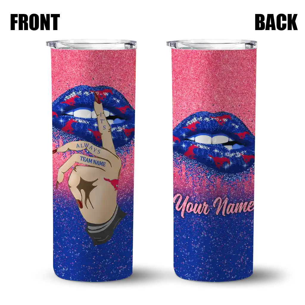 personalized-smu-mustangs-sparkle-lips-blue-skinny-tumbler-fashion-forward.webp