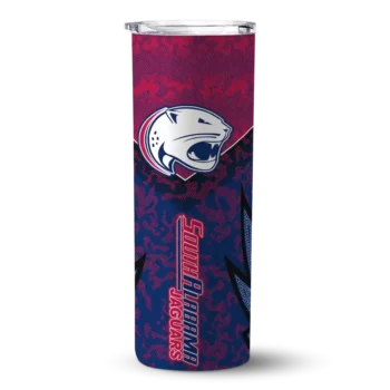 Personalized South Alabama Jaguars Spiral Burst Print Blue Skinny Tumbler