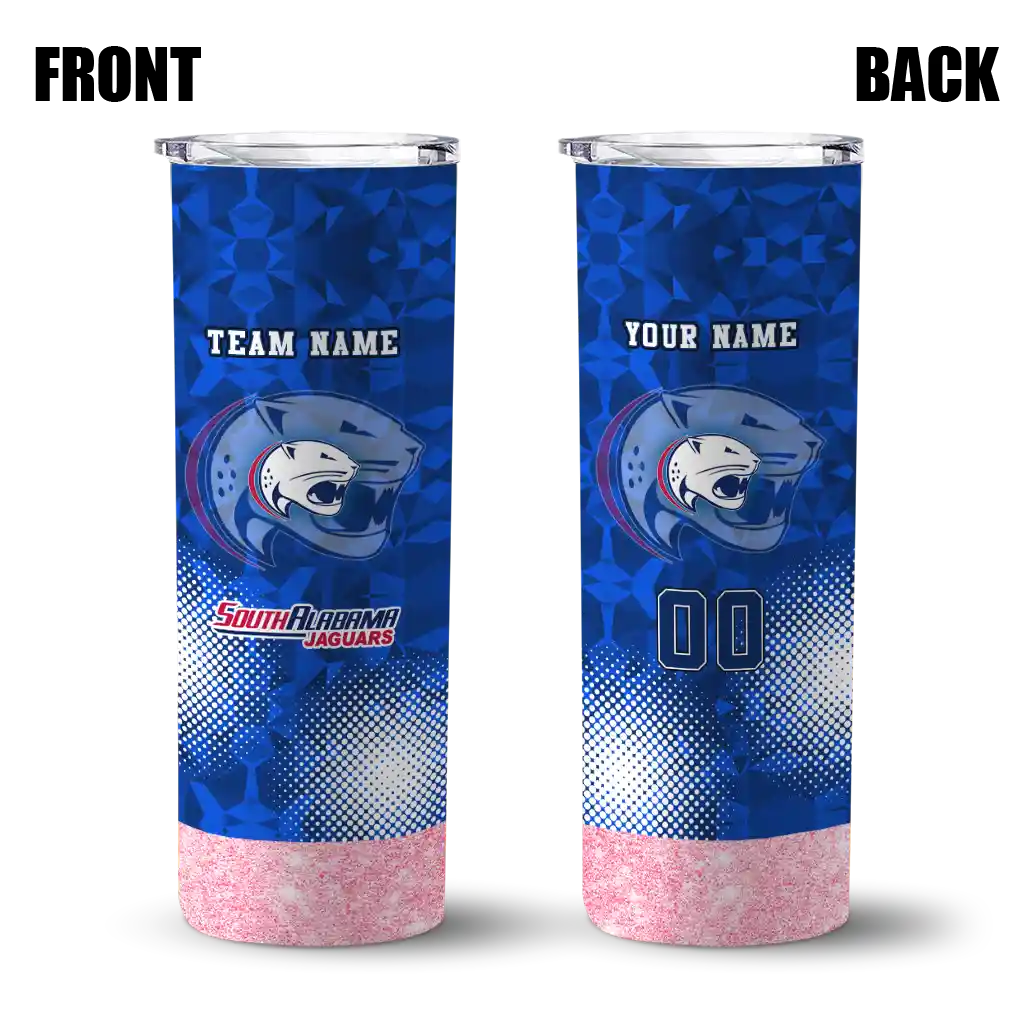 personalized-south-alabama-jaguars-starburst-tiles-blue-skinny-tumbler-fashion-forward.webp