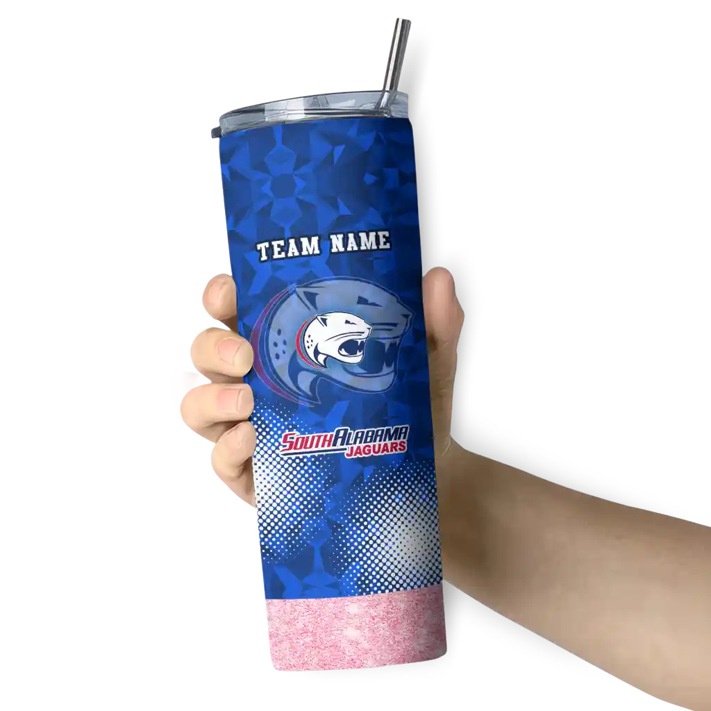 personalized-south-alabama-jaguars-starburst-tiles-blue-skinny-tumbler-premium-grade.webp