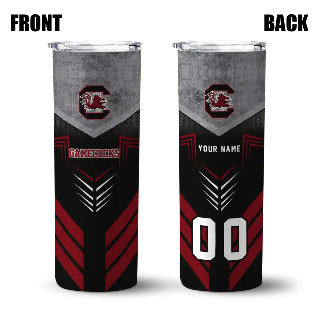 personalized-south-carolina-gamecocks-hexagon-honeycomb-garnet-black-skinny-tumbler-fashion-forward.webp