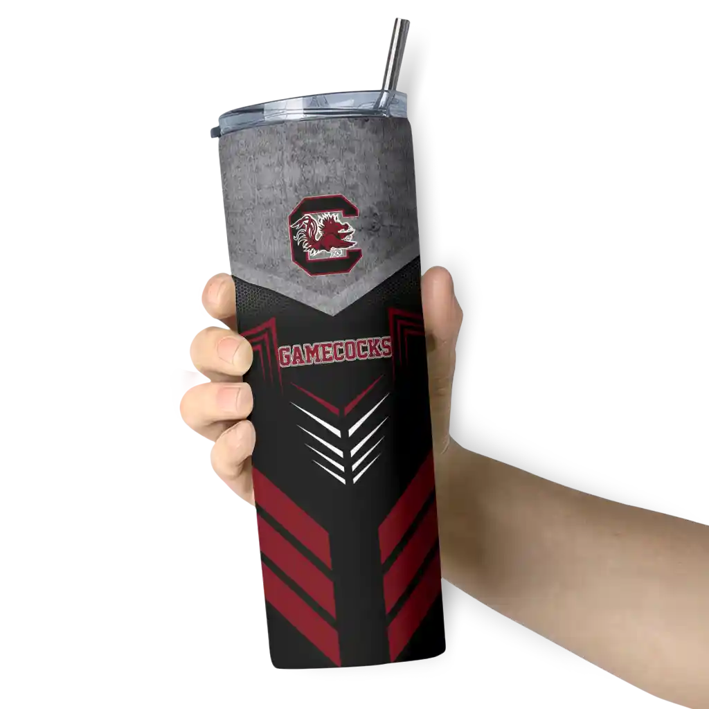 personalized-south-carolina-gamecocks-hexagon-honeycomb-garnet-black-skinny-tumbler-premium-grade.webp