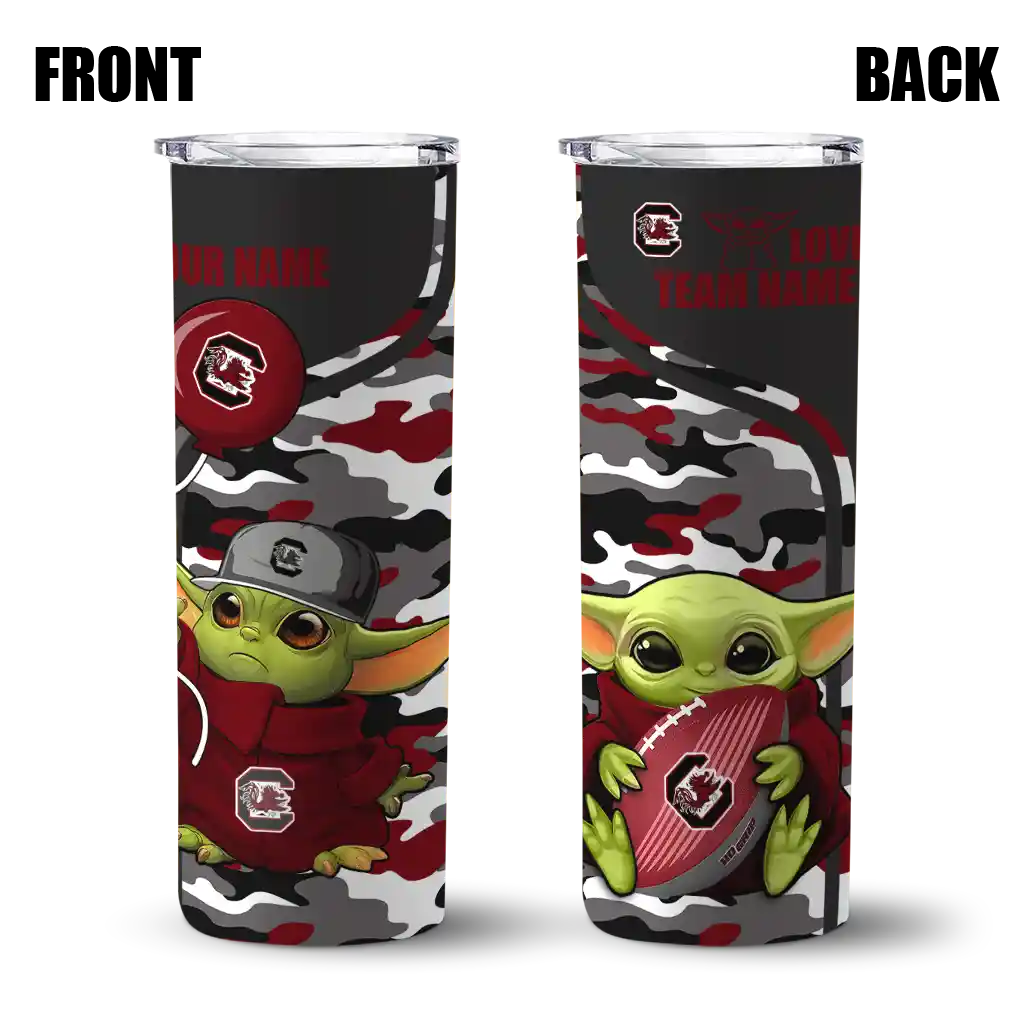 personalized-south-carolina-gamecocks-yoda-camo-garnet-black-skinny-tumbler-fashion-forward.webp