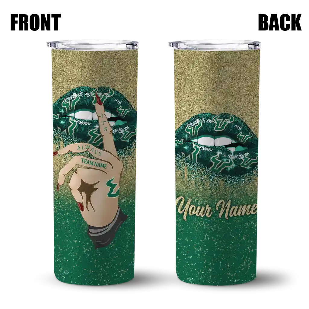 personalized-south-florida-bulls-sparkle-lips-green-skinny-tumbler-fashion-forward.webp