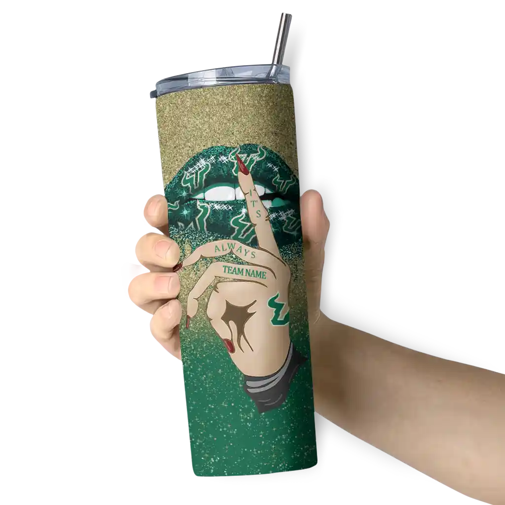 personalized-south-florida-bulls-sparkle-lips-green-skinny-tumbler-premium-grade.webp