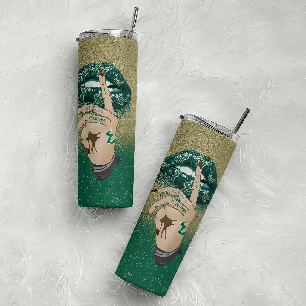 personalized-south-florida-bulls-sparkle-lips-green-skinny-tumbler-top-rated.webp