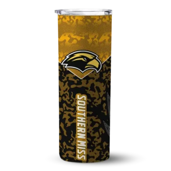 Personalized Southern Miss Golden Eagles Spiral Burst Print Black Skinny Tumbler