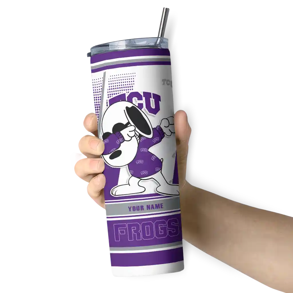 personalized-tcu-horned-frogs-snoopy-dog-purple-white-skinny-tumbler-premium-grade.webp