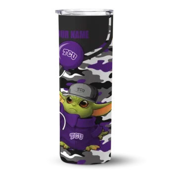 Personalized TCU Horned Frogs Yoda Camo Purple Black Skinny Tumbler