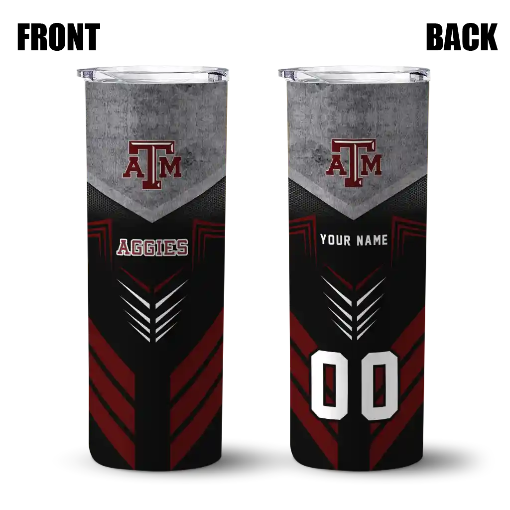 personalized-texas-am-aggies-hexagon-honeycomb-maroon-black-skinny-tumbler-fashion-forward.webp