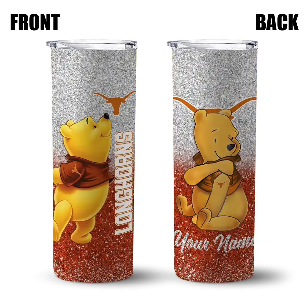 personalized-texas-longhorns-winnie-the-pooh-orange-gray-skinny-tumbler-fashion-forward-1.webp