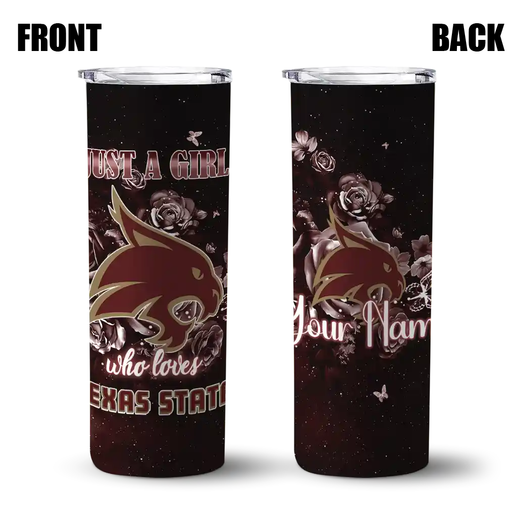 personalized-texas-state-bobcats-rose-romance-maroon-black-skinny-tumbler-fashion-forward.webp