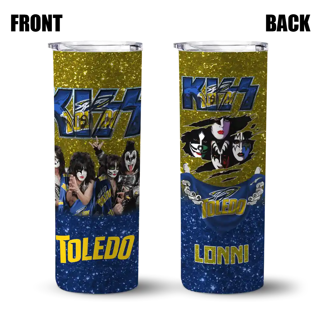 personalized-toledo-rockets-kiss-band-gold-skinny-tumbler-fashion-forward.webp