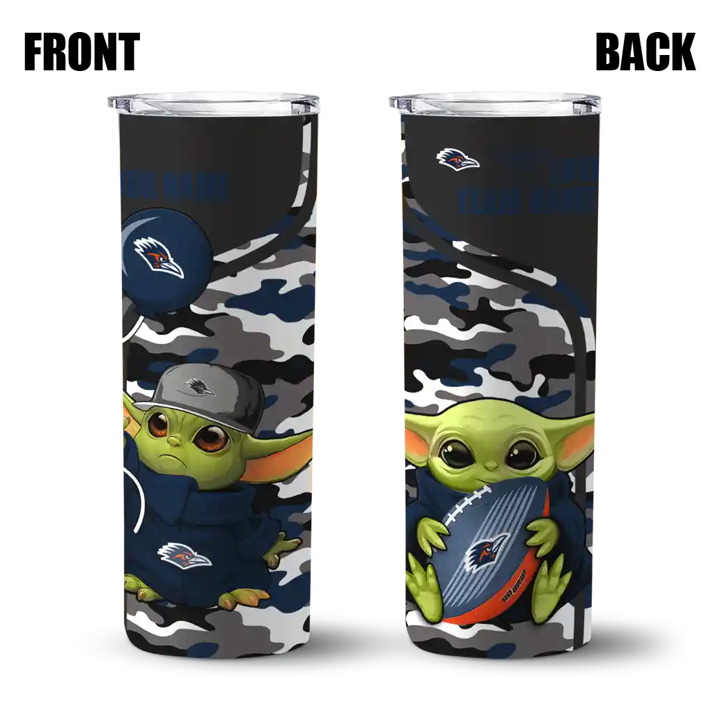 personalized-utsa-roadrunners-yoda-camo-orange-black-skinny-tumbler-fashion-forward.webp