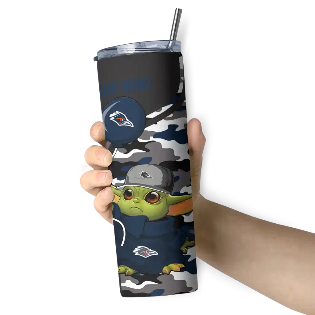 personalized-utsa-roadrunners-yoda-camo-orange-black-skinny-tumbler-premium-grade.webp