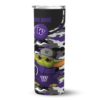 Personalized Washington Huskies Yoda Camo Purple Black Skinny Tumbler
