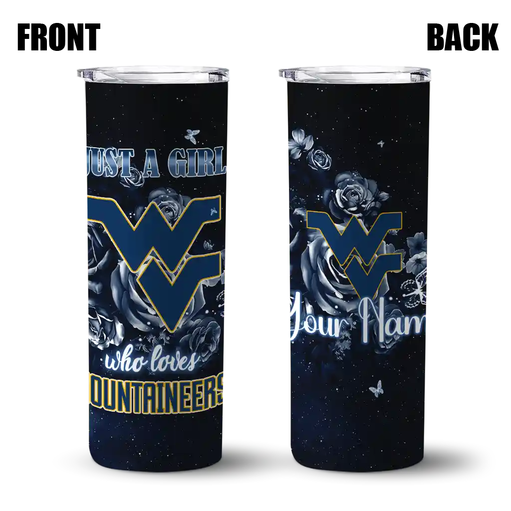 personalized-west-virginia-mountaineers-rose-romance-blue-black-skinny-tumbler-fashion-forward.webp