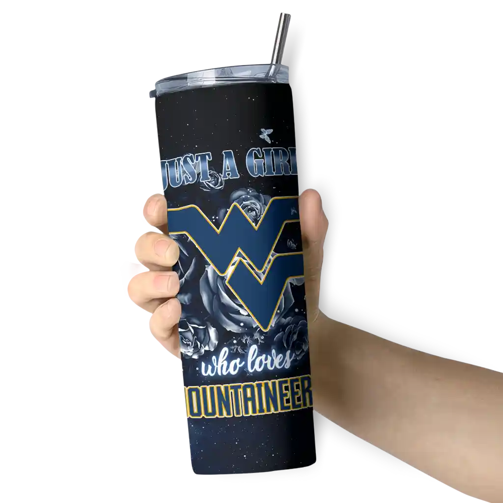 personalized-west-virginia-mountaineers-rose-romance-blue-black-skinny-tumbler-premium-grade.webp