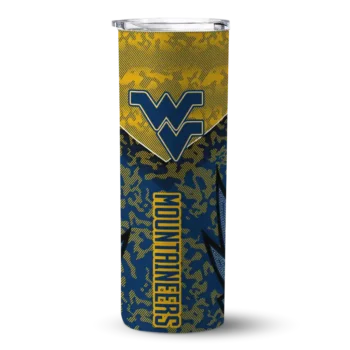 Personalized West Virginia Mountaineers Spiral Burst Print Blue Skinny Tumbler