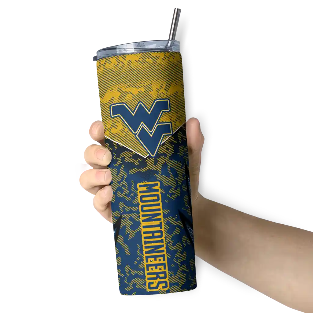 personalized-west-virginia-mountaineers-spiral-burst-print-blue-skinny-tumbler-premium-grade.webp