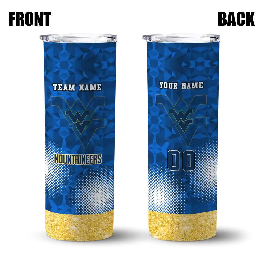 personalized-west-virginia-mountaineers-starburst-tiles-blue-skinny-tumbler-fashion-forward.webp