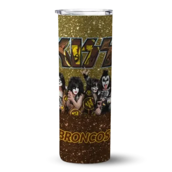 Personalized Western Michigan Broncos Kiss Band Gold Skinny Tumbler