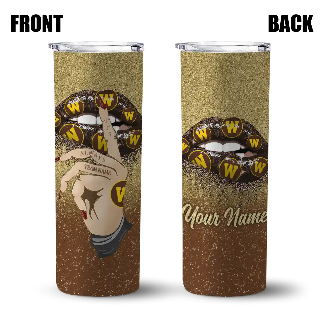 personalized-western-michigan-broncos-sparkle-lips-brown-skinny-tumbler-fashion-forward.webp
