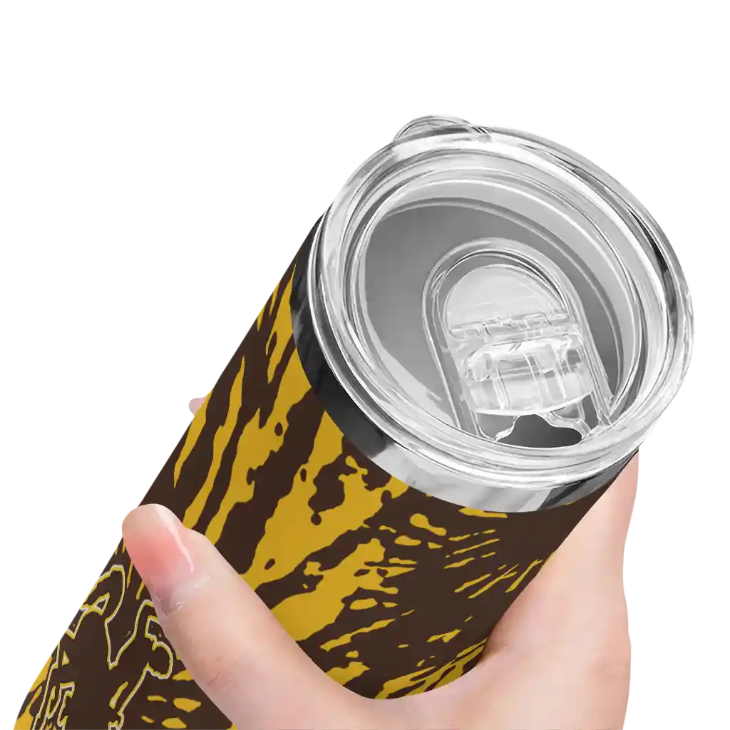 personalized-wyoming-cowboys-metallic-grid-brown-skinny-tumbler-high-quality.webp