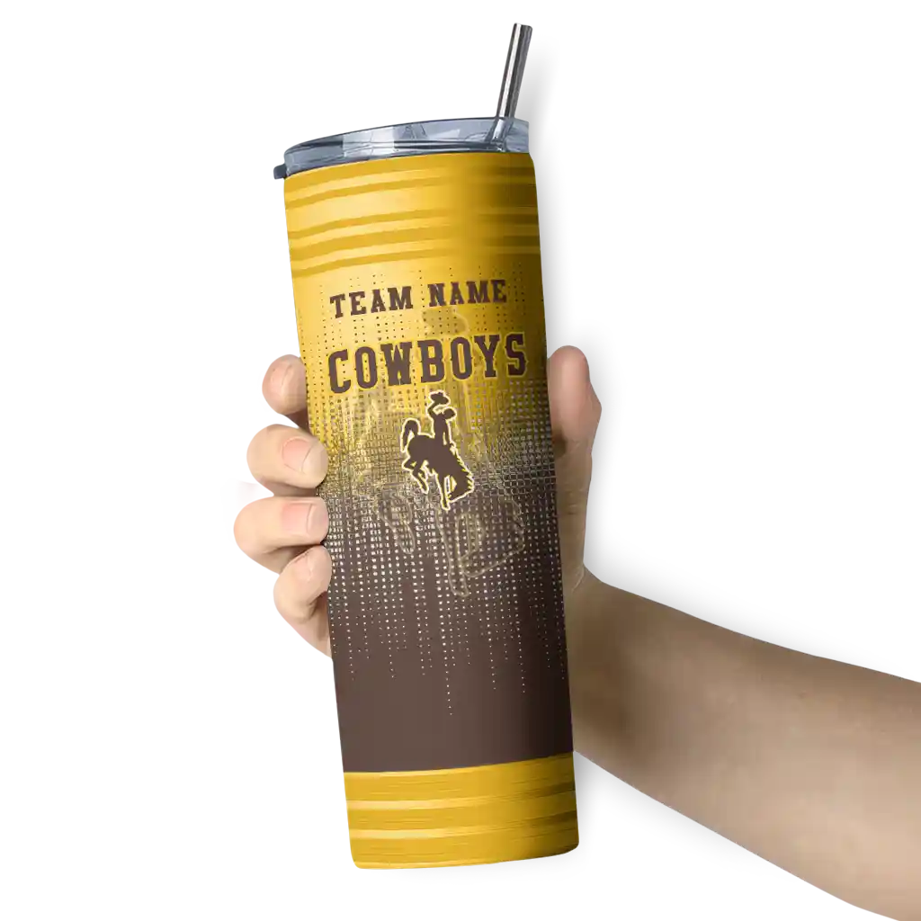 personalized-wyoming-cowboys-swirl-texture-brown-skinny-tumbler-premium-grade.webp