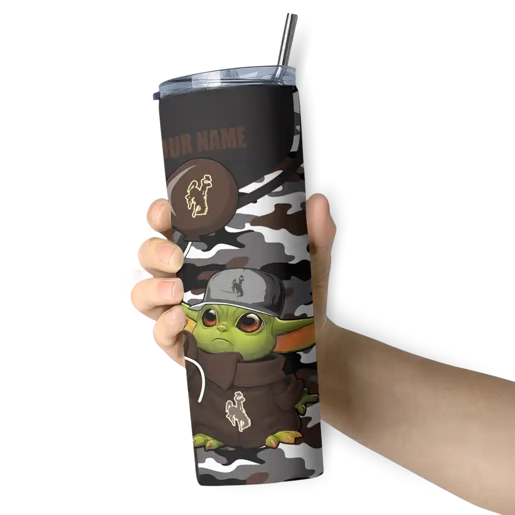 personalized-wyoming-cowboys-yoda-camo-brown-black-skinny-tumbler-premium-grade.webp