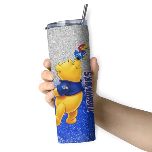 custom kansas jayhawks winnie the pooh blue gray skinny tumbler premium grade 1.webp