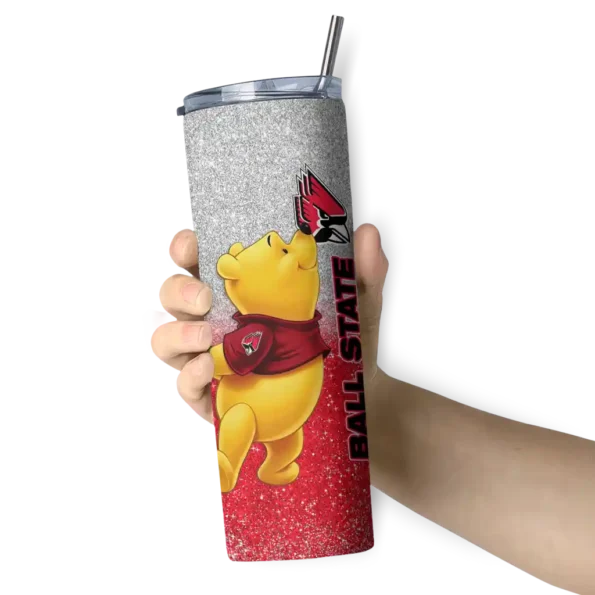 customized ball state cardinals winnie the pooh red gray skinny tumbler premium grade 1 2.webp