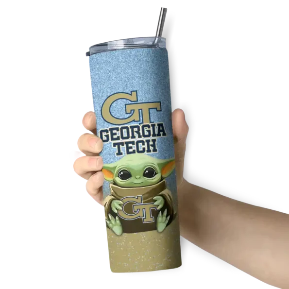 georgia tech yellow jackets yoda smile gold skinny tumbler premium grade 1.webp