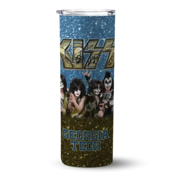 personalized georgia tech yellow jackets kiss band blue skinny tumbler best selling 1 1.webp