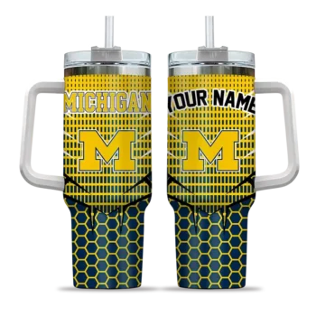 custom michigan wolverines hex texture blue curved tumbler best selling.webp