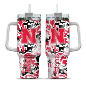 custom nebraska cornhuskers camo mashup red white curved tumbler best selling.webp