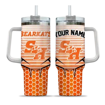 custom sam houston bearkats hex texture orange curved tumbler best selling.webp