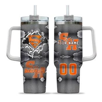 custom sam houston bearkats superman shield orange gray curved tumbler best selling.webp