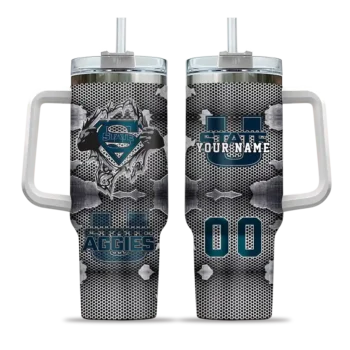 custom utah state aggies superman shield navy gray curved tumbler best selling.webp