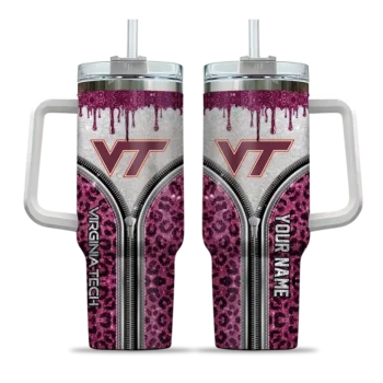 custom virginia tech hokies leopard zipper maroon curved tumbler best selling.webp
