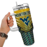custom west virginia mountaineers hex texture blue curved tumbler best selling.webp
