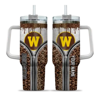 custom western michigan broncos leopard zipper brown curved tumbler best selling.webp