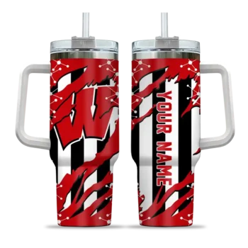 custom wisconsin badgers claw cut red black curved tumbler best selling.webp