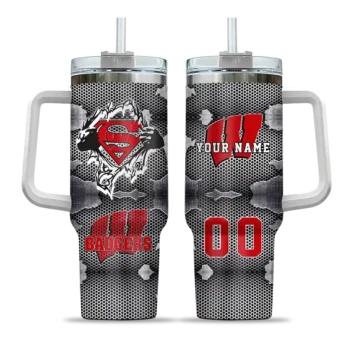 custom wisconsin badgers superman shield red gray curved tumbler best selling.webp