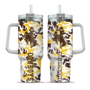 custom wyoming cowboys camo mashup brown white curved tumbler best selling.webp