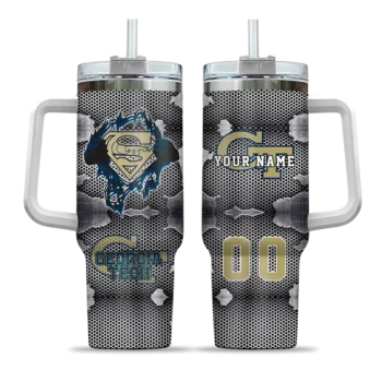 customized georgia tech yellow jackets superman shield gold gray curved tumbler best selling.webp