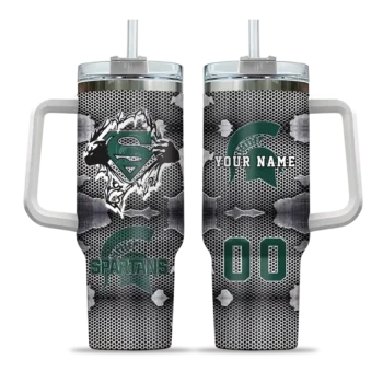 customized michigan state spartans superman shield green gray curved tumbler best selling.webp