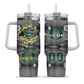 customized oregon ducks superman shield green gray curved tumbler best selling.webp